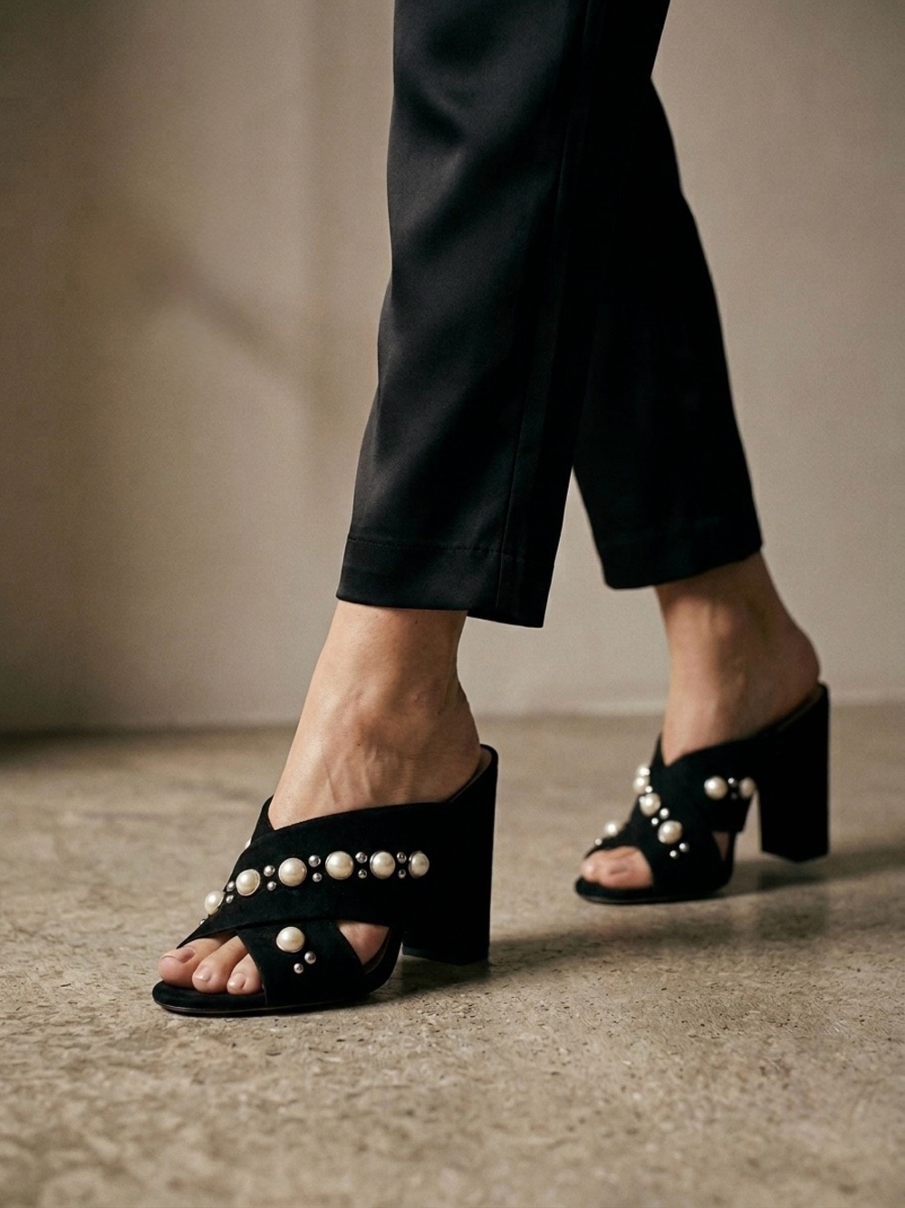 Schutz Black Suede Pearl & Stud Embellished Block Heel Mules Size 7.5